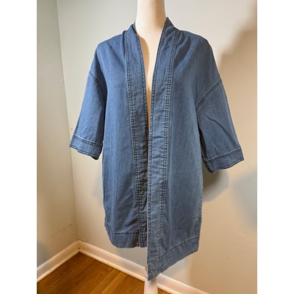 Wilfred Free Aritzia Denim‎ Kimono Robe Jacket XS Open Front 3/4 Sleeve Blue